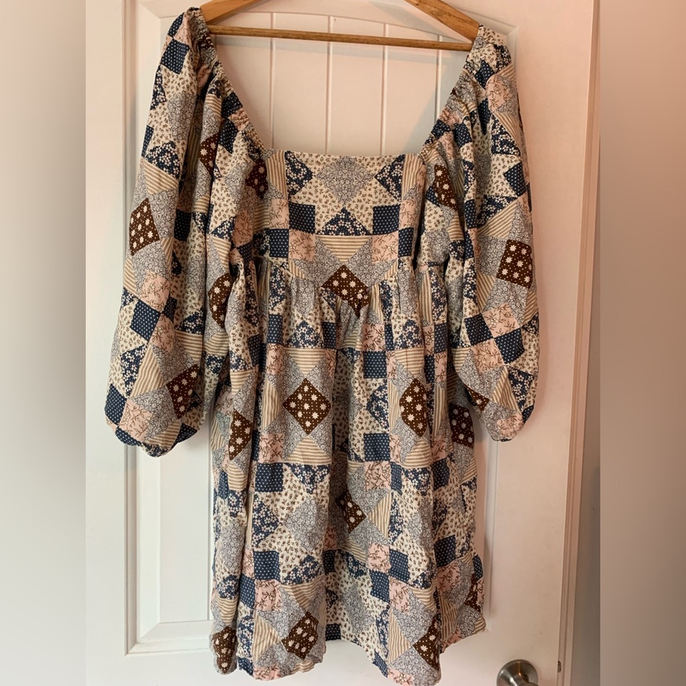 Rylee + Cru Patchwork Puff Sleeve Blouse - Blue, Brown, Cream